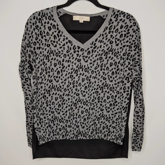LOFT • Leopard Print Mixed Media Sweater V Neck - Picture 2 of 7